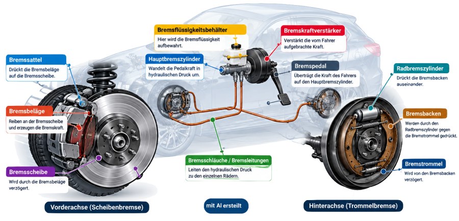 Schematische Darstellung des Bremssystems eines Autos mit Scheibenbremse vorn und Trommelbremse hinten